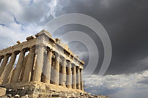 Dark clouds over the Parthenon of the Acropolis in Athens, Greece