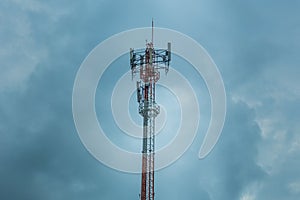 Dark cloudy strom communication tower, high power wifi antenna