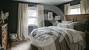 A dark and cluttered bedroom with mismatched furniture and outdated decor transformed into a serene and organized photo
