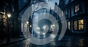 dark cobblestone street with illuminated buildings and lamp posts