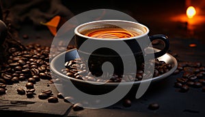 Dark coffee bean heat on table, freshness in coffee cup generated by AI