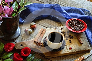Dark coffee and brown coffee beans
