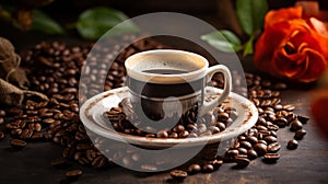 Dark coffee cup with roasted beans on wooden table with flower