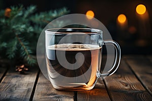 Dark coffee transparent mug on wooden table. Generate Ai photo