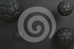 Dark color soccer or football balls in the midair 3D render illustration