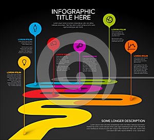 Dark color Timeline with six droplet pointers on a curved road template