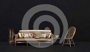 Dark color wall and floor room with golden metalic style furnitures and room accessories. Dark background with copy space. 3D