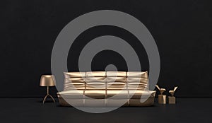 Dark color wall and floor room with golden metalic style furnitures and room accessories. Dark background with copy space. 3D