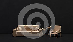 Dark color wall and floor room with golden metalic style furnitures and room accessories. Dark background with copy space. 3D