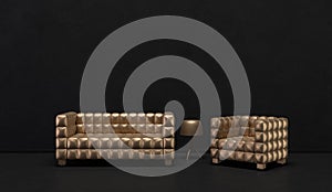 Dark color wall and floor room with golden metalic style furnitures and room accessories. Dark background with copy space. 3D