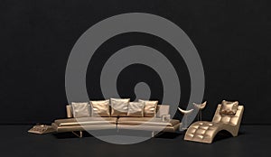 Dark color wall and floor room with golden metalic style furnitures and room accessories. Dark background with copy space. 3D