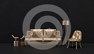 Dark color wall and floor room with golden metalic style furnitures and room accessories. Dark background with copy space. 3D