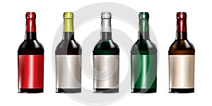 Dark colored glass wine bottle with blank label isolated on white background, vector illustration. Template for design