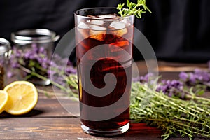 dark-colored huckleberry iced tea in a clear tall glass