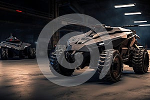 Dark-colored military car parked in a large indoor garage space, AI-generated.