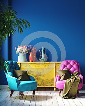 Dark colorful home interior with retro furniture, Mexican style living room