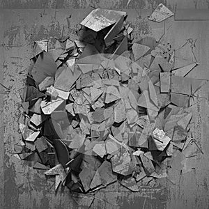 Dark concrete destruction surface with many chaotic broken piece photo