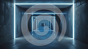 Dark concrete garage background, inside modern room or hall, underground tunnel with white led light. Concept of background,