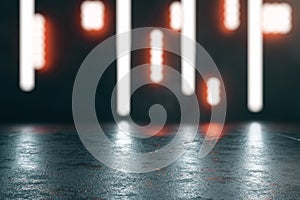 Dark concrete surface at abstract blurry nights lights background. Mockup