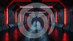 Dark concrete tunnel with red led neon light, abstract underground garage background. Theme of futuristic corridor, warehouse,