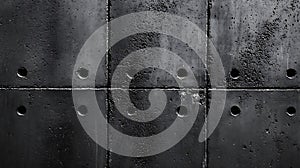 Dark concrete wall with rectangular panels and circular holes industrial and urban texture construction