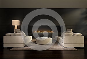 Dark contemporary interior, a living room with a flat gas fireplace