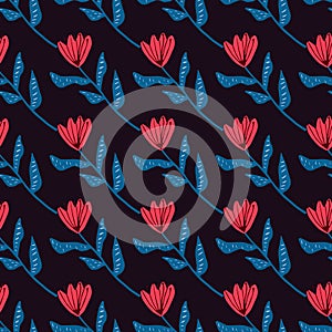 Dark contrast seamless botanic flower pattern. Red tulips with blue stems on black background