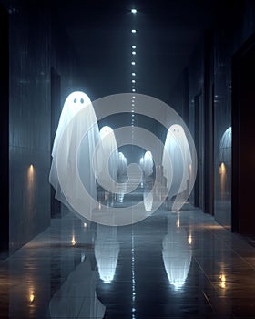 Dark corridor with floating apparitions