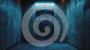 Dark corridor leading to an elevator with a glowing blue light above the door, surrounded by textured concrete walls