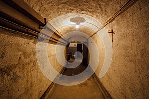 Dark corridor of old underground Soviet military bunker under fortification., Sevastopol, Crimea