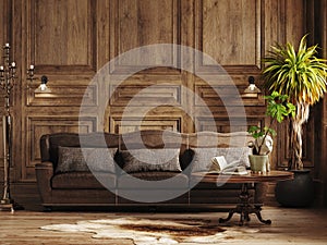 Dark cozy interior with wooden panel wall, brown sofa and flowers