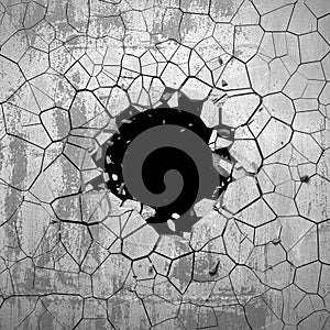 Dark cracked broken hole in concrete wall. Grunge background