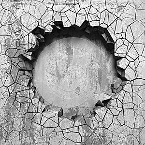 Dark cracked broken hole in concrete wall. Grunge background