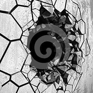 Dark cracked broken hole in concrete wall. Grunge background