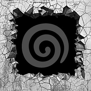 Dark cracked broken hole in concrete wall. Grunge background