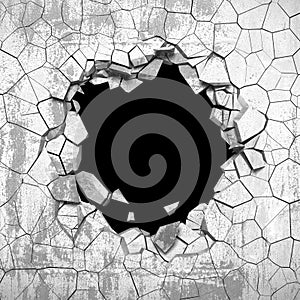 Dark cracked broken hole in concrete wall. Grunge background