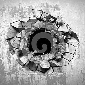 Dark cracked broken hole in concrete wall. Grunge background