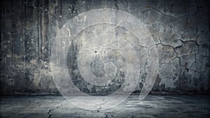 Dark, cracked concrete wall and floor room background. Generative AI
