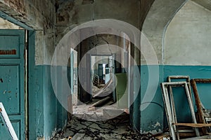 Dark and creepy corridor of old abandoned hospital