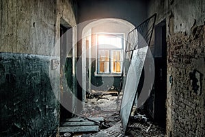 Dark and creepy corridor of old abandoned hospital