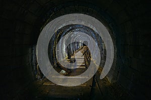 Dark creepy dirty flooded abandoned mine tunnel