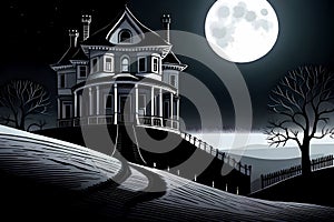 Dark creepy house in the countyside and the Moon