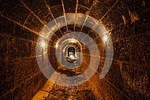 Dark and creepy old historical vaulted flooded underground drainage tunnel