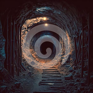 Dark creepy tunnel in an abandoned mine with rusty rail tracks leading into the unknown. Generative AI illustration