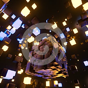 Dark cubes randomly distributed in the air, 3d rendering