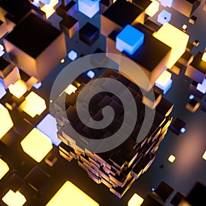 Dark cubes randomly distributed in the air, 3d rendering