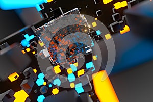 Dark cubes randomly distributed in the air, 3d rendering