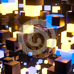 Dark cubes randomly distributed in the air, 3d rendering