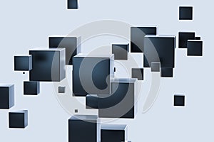 Dark cubes randomly distributed in the air, 3d rendering
