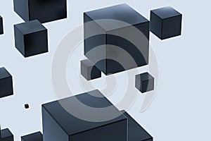 Dark cubes randomly distributed in the air, 3d rendering